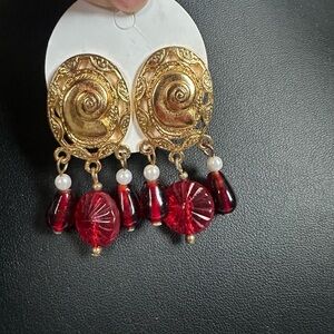 New Gold and Red Dangle Earrings